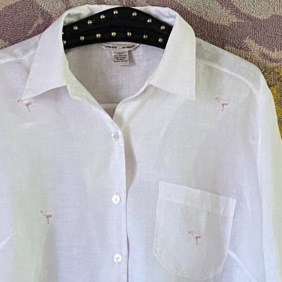 Edward Irish Linen Sz 2X White Blouse Shirt 3/4 Sleeve Embroidered Flamingo - Picture 2 of 11